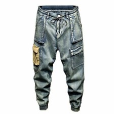 Uomo Harem Stile Jeans Cargo Pantaloni Denim Multi Tasche Giuntato Skinny