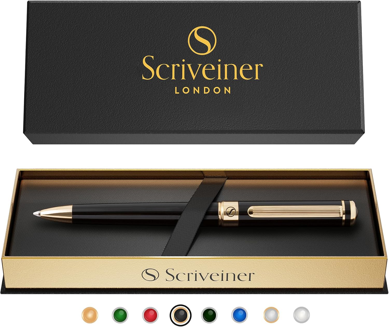 Scriveiner Black Lacquer Ballpoint Pen with 24K Gold Finish - Gift Set