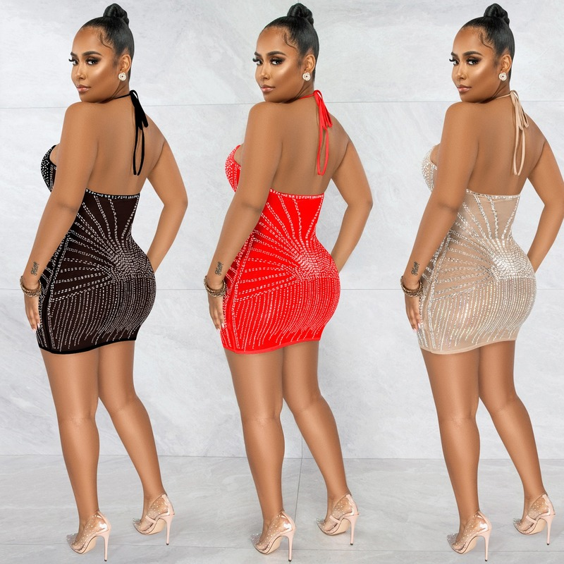 Fashion Women Mesh See-through Rhinestone Halter Dress Bodycon