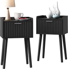 Nightstand Set of 2, Small Bed Side Table with Fluted Door, End Table with Solid
