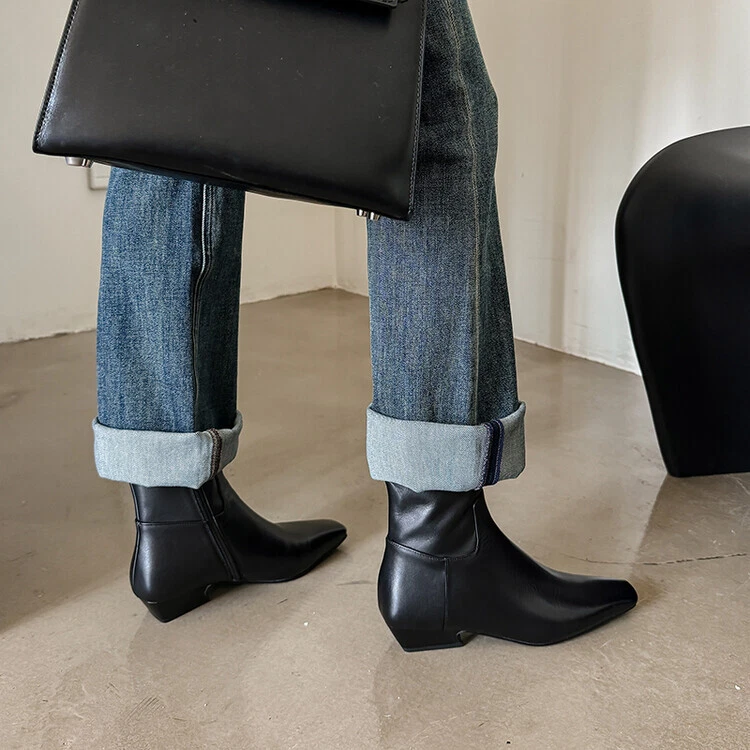 全新 女式 方头 踝靴 真皮革 粗跟 低跟鞋 踝靴 — 第 3/4 张图片