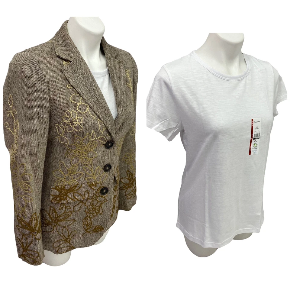 Blazer Coldwater Creek Top Mujer Pequeño 8 Marrón Floral Bordado Tweed Oficina Foto 4 de 4