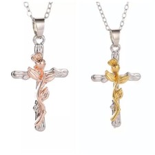 Womens Silver Plated Rose Flower Cross Pendant Necklace N112