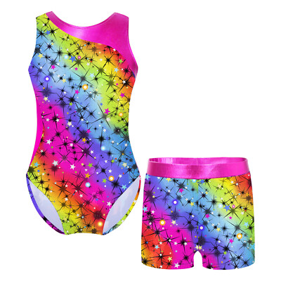 Girls 2Pcs Gymnastics Dance Outfit Sleeveless Leopard Leotard with Shorts Sets