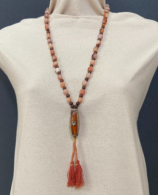 Earthy Warm-Tone Agate Mala Necklace - Vintage Tibetan Guru Bead