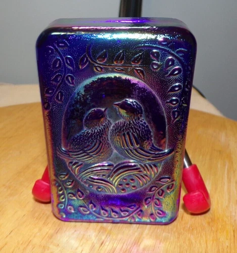 Vintage Fenton Cobalt Blue Carnival Glass Soap Art Love Birds Paperweight