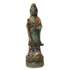 Vintage Large Metal Blue Yellow Enamel Cloisonné Kwan Yin Statue cs6152
