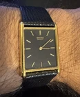 Vintage Seiko Quartz Tank Watch Gold Tone Case Black Dial Leather Seiko Band