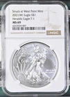 2021 (W) STRUCK AT WEST PONT HERALDIC TYPE 1 AMERICAN SILVER EAGLE NGC MS69