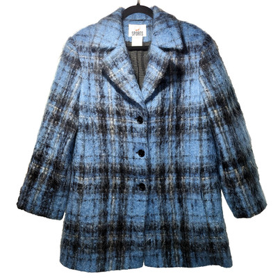 Mondi VTG 80s Mohair Wool Coat German Blue Plaid Shaggy Lightweight Warm Size 36