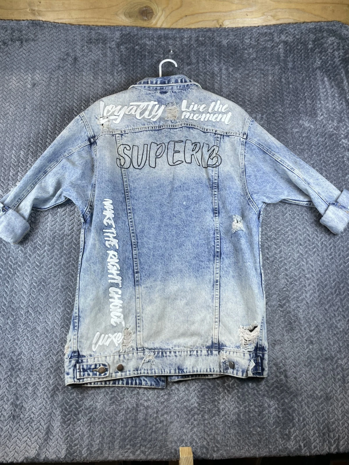 Fashion Nova Superb Jacket Mens Large Blue Denim Cotton Distressed Button Front image 6