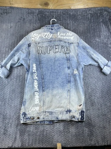 Fashion Nova Superb Jacket Mens Large Blue Denim Cotton Distressed Button Front image 6