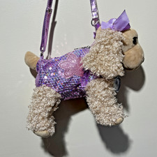 Poochie  Co Purple Sequined 12" Plush Poodle Purse w Shoulder Strap Zipper Bows