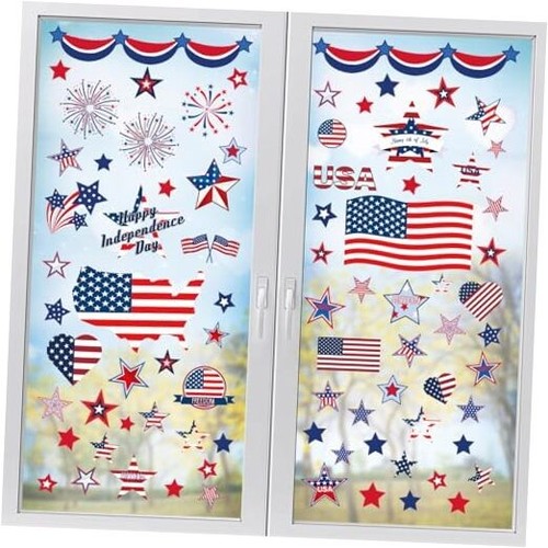 104Pcs Patriotic Window Clings, Memorial Day Decor Red White Blue Double-Sided