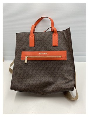 Michael Kors Kenly Large NS Tote Brown MK Logo Orange Canvas Crossbody Bag