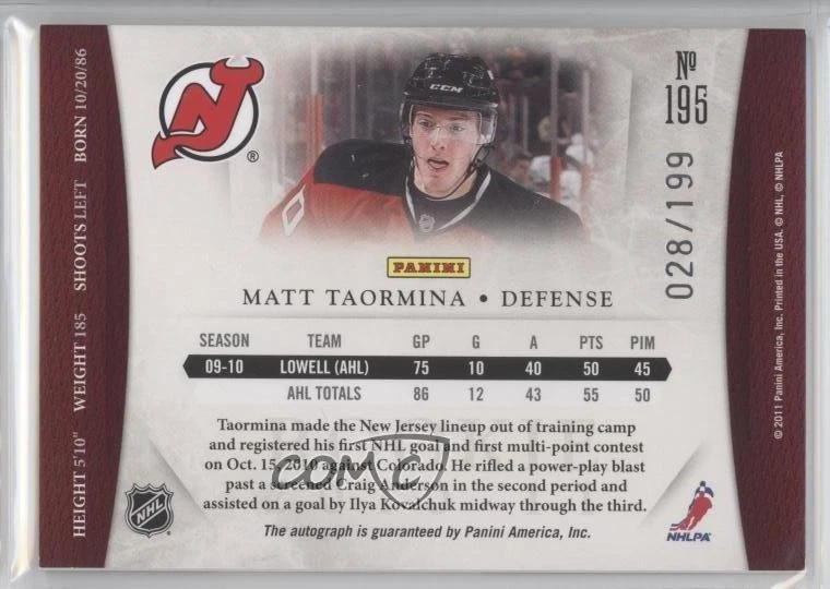 2010-11 Panini Dominion /199 Matt Taormina #195 Rookie Auto RC - Image 2 of 2