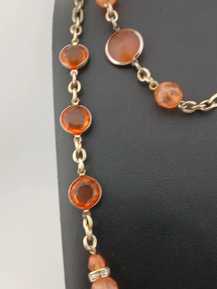 ANNE TAYLOR goldtone peachy/orange beads & bezel set stones stations necklace  - Image 4 of 4