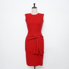 CAROLINA HERRERA Dress Ribbon Size 0 Red Sleeveless Tight Fit Wool 97cm Length