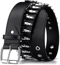 Bullet Studded Punk Rivet Belt Black Leather Rock Belt with Silver Bullets