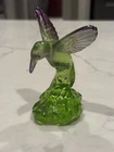Fenton Green Uranium Art Glass Hand Painted Hummingbird Artist Sign Collectible