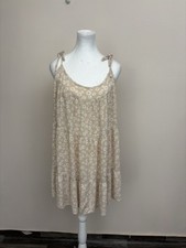 Wild Fable Daisy Floral Babydoll Dress Tiered Adjustable Tie Strap Tan White S