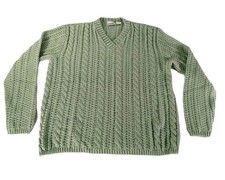 Vintage Chunky Cable Knit Sweater Womens Sz Large Green V-Neck Made in USA 90s