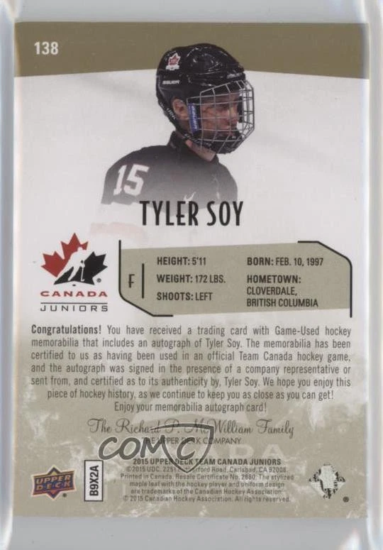 2015 Team Canada Juniors Jersey Gold Spectrum /199 Tyler Soy #138 Patch Auto - Image 2 of 2