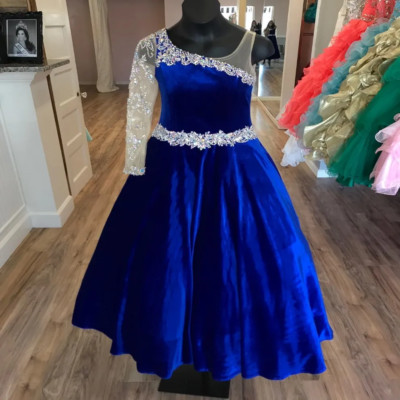 Velvet Girl Pageant Dress One-Sleeve Long Tiny Young Miss Pageant Gown 
