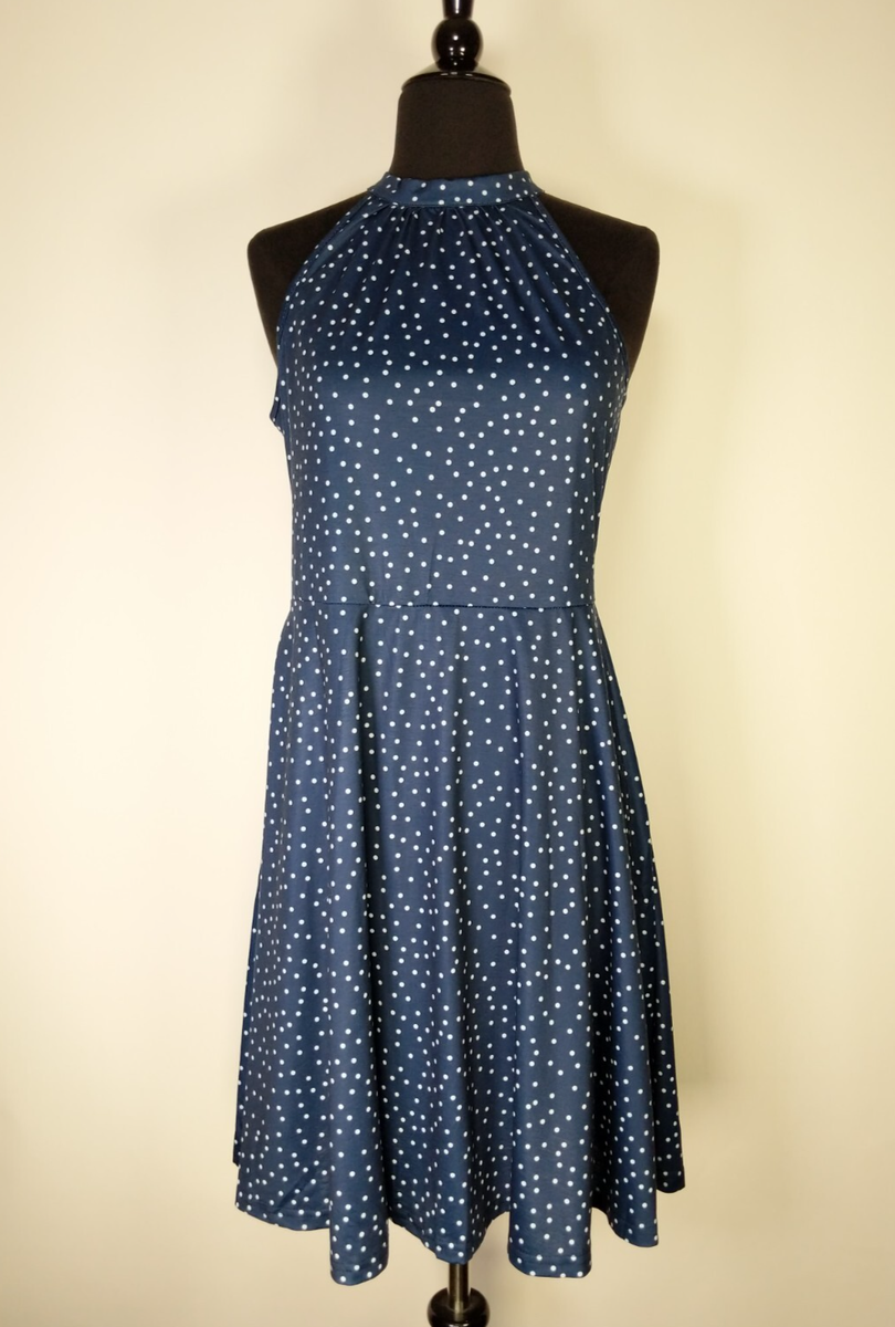 Ouges Size S Small Blue White Polka Dot Sleeveless Halter Fit Flare Dress NWT Ouges Size S Small Blue White Polka Dot Sleeveless Halter Fit Flare Dress NWT