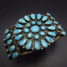 OLD 1940s Vintage Sterling Silver TURQUOISE Cluster Cuff BRACELET 67g