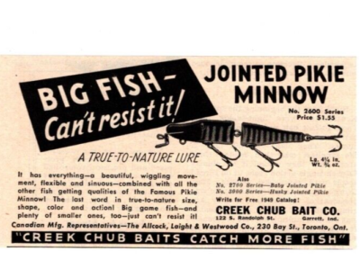 1949 CREEK CHUB JOINTED PIKIE FISHING LURE AD VTG FISHING TACKLE PRINT AD