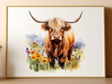 Cow Wall Art Print, Highland Cow and Wildflowers Wall Art Decor, Farmhouse Art