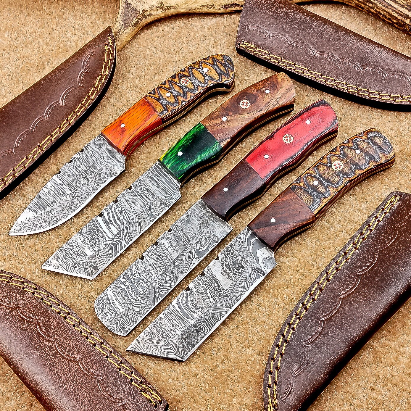4 Pcs Damascus Blade Skinner Knives Set | 8