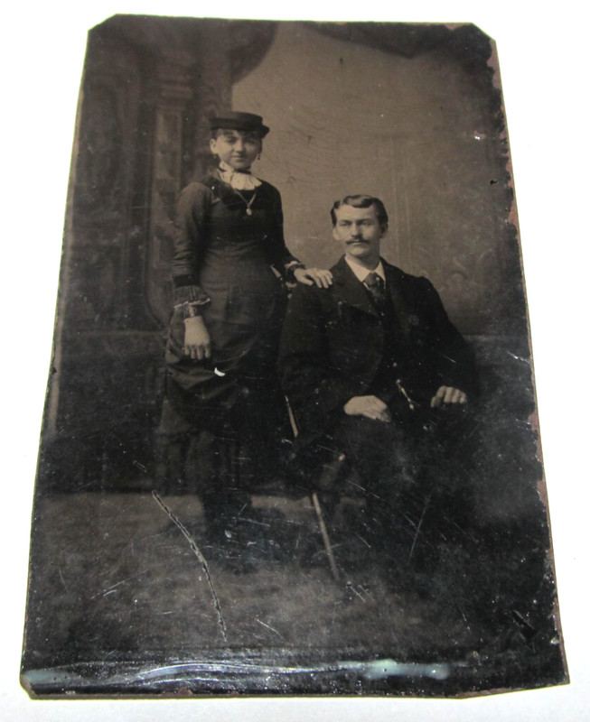 Antique Tintype Photograph Handsome Distinguished Father Daughter Wife Old West
