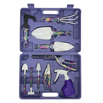 10 teiliges Gartenwerkzeug Set im Kunststoffkoffer Gartenschere Kelle Gabel Unkrautstecher Flasche