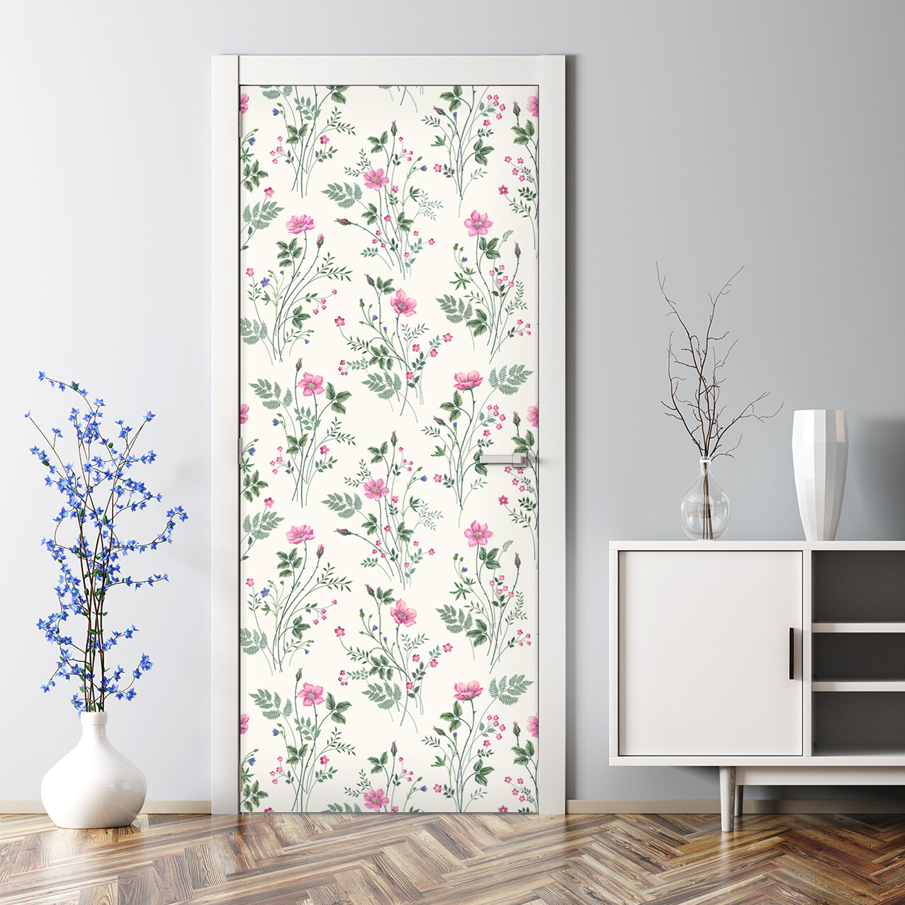 Pink Field Flowers Bubble Free Light Floral Drawing Repositionable Door Decal