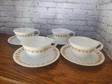 Vintage Corelle Butterfly Gold Coffee Tea Cups and Saucers Hook Handle Set of 4