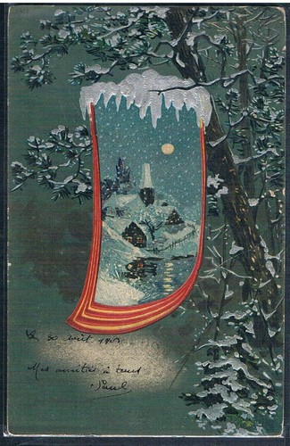 AR181 ART NOUVEAU SAPIN NEIGE Paysage en MEDAILLON Gaufrée Embossed 1903