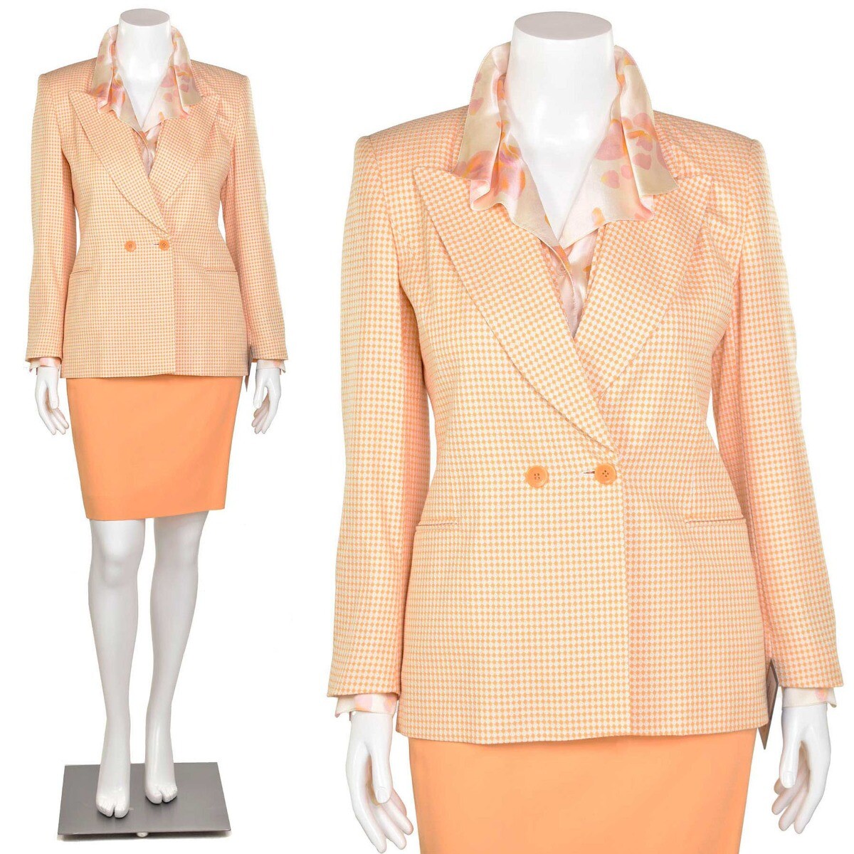 Escada 3Pc Melon Orange/White Mini Check Jacket, Skirt Pant Suit