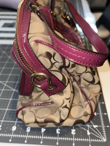 Coach F24884 Signature Stripe Python Snake Zip Satchel Khaki/Raspberry GUC - Picture 10 of 10