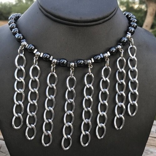 Genuine Untreated Natural Hematite Chain Punk Biker Necklace Choker Silver Chain