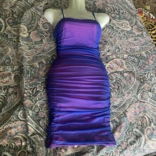 S Bright Two Tone Mesh Hip Bodycon Dress Ruched Hot Pink Blue Fitted New Stretch