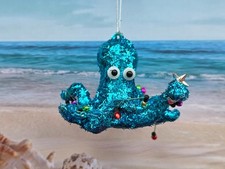 Blue Glitter Octopus Holding Lights Christmas Ornament 4" x 3"