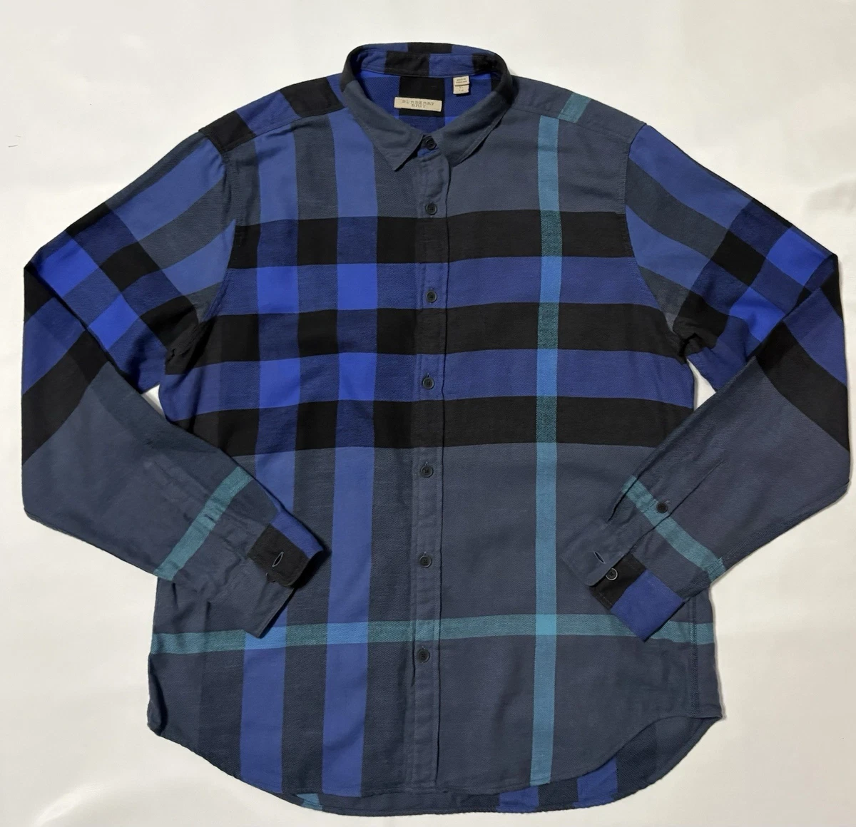 burberry men's blue dress shirt Burberry Brit Blue Button Down Logo Collared Shirt Long Sleeve Large   THE-ECHELON