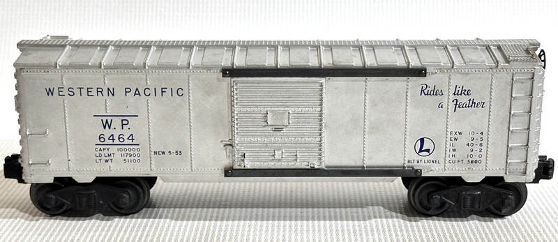 LIONEL POSTWAR 6464-1 SILVER WESTERN PACIFIC BOX CAR "RIDES LIKE A FEATHER" LF