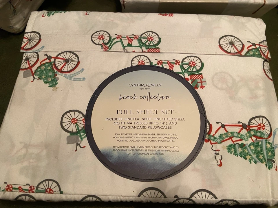 Коллекция рождественских велосипедов Cynthia Rowley Beach полный комплект простыней новый! - Изображение 2 из 2
