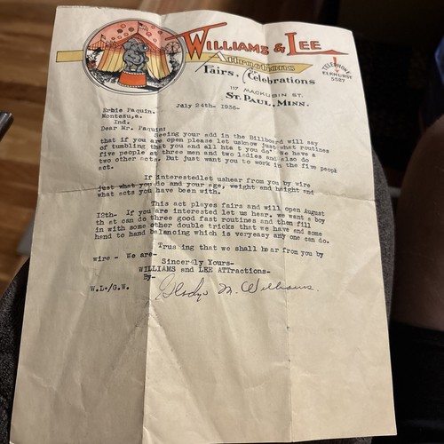 1936 St Paul Mn - Circus - Williams & Lee - Attractions - Rare Letter Head Bill