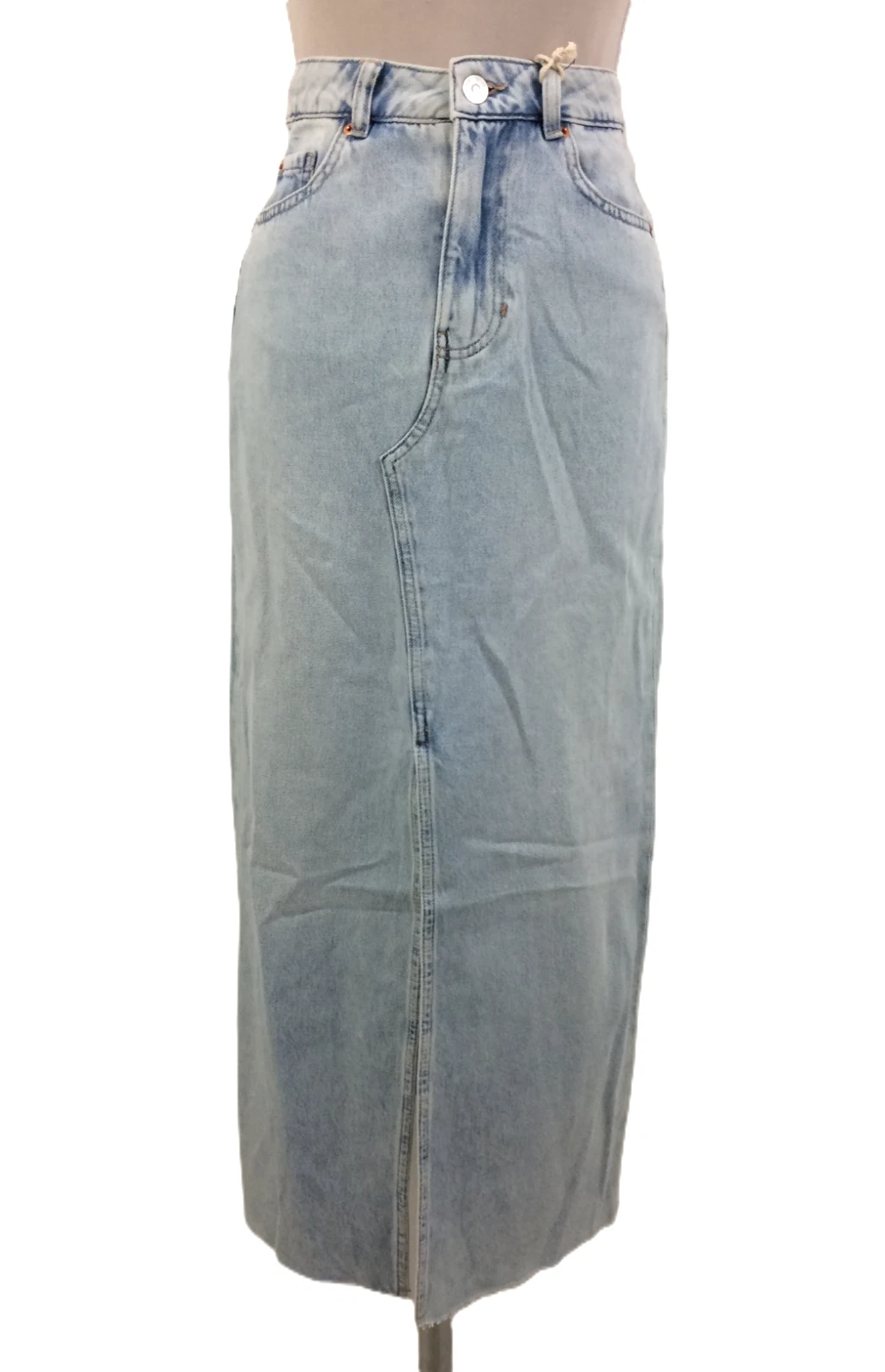 M&S Women's Maxi Skirt Light Blue Denim Frayed Hem Deep Split Zip Pockets New