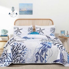 Coastal Quilt Set Queen Blue Nautical Beach Bedding Reversible Coverlet