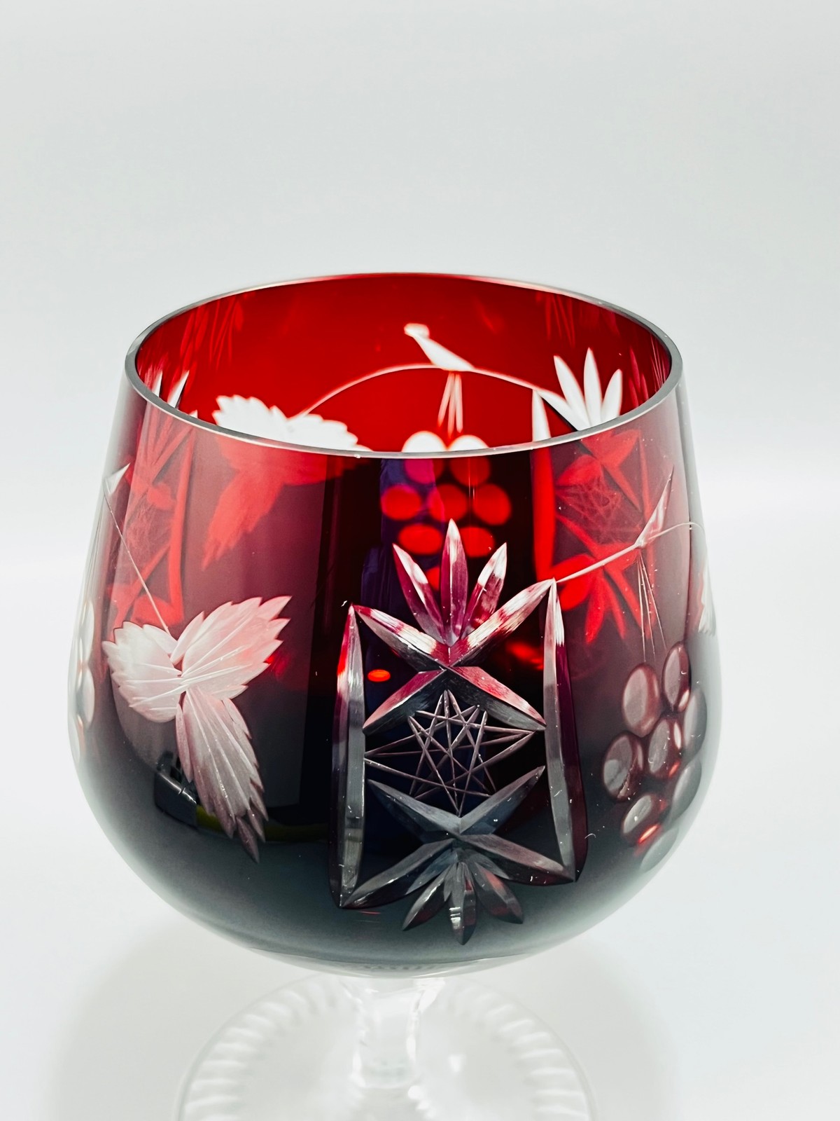 Ajka Marsala Ruby Red Cut to Clear Crystal Brandy Snifter Glass Bohemian